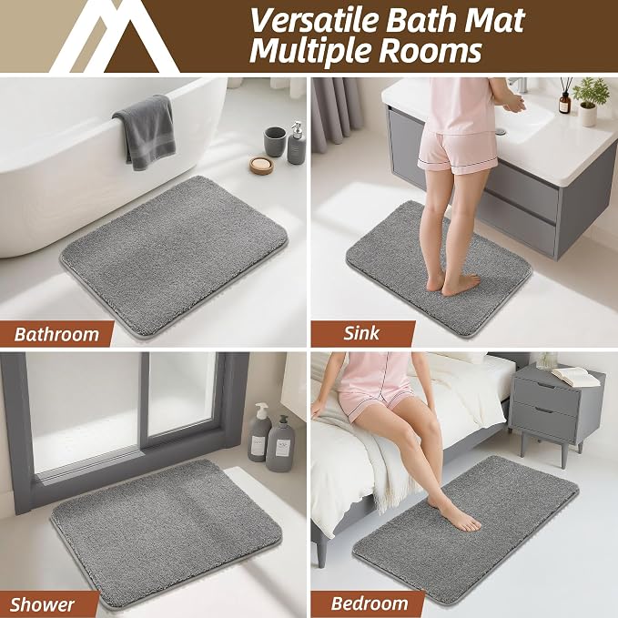 COSY HOMEER Bath Rugs for Bathroom Extra Thick - Anti-Slip Bath Mats Soft Plush Yarn Shaggy 100% Strong Mirco Polyeste Mat Living Room Bedroom Mat Floor Water Absorbent(Grey,20x32 - Inches)