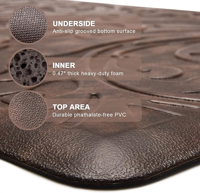 KMAT 2PCS Kitchen Mat Cushioned Anti-Fatigue Floor Mat,Waterproof Non-Slip Standing Mat,Ergonomic Comfort Floor Mat Rug for Home,Office,Sink,Laundry,Desk(17.3"x28"+17.3"x60",Brown)