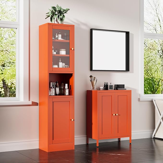 Slim Pantry Cabinet with Hutch, 67" Tall Narrow Storage Cabinets for Small Space,Narrow Metal Corner Cabinet with 3 Adjustable Shelves, Freestanding Tall Bathroom Cabinet for Entryway, Living Room