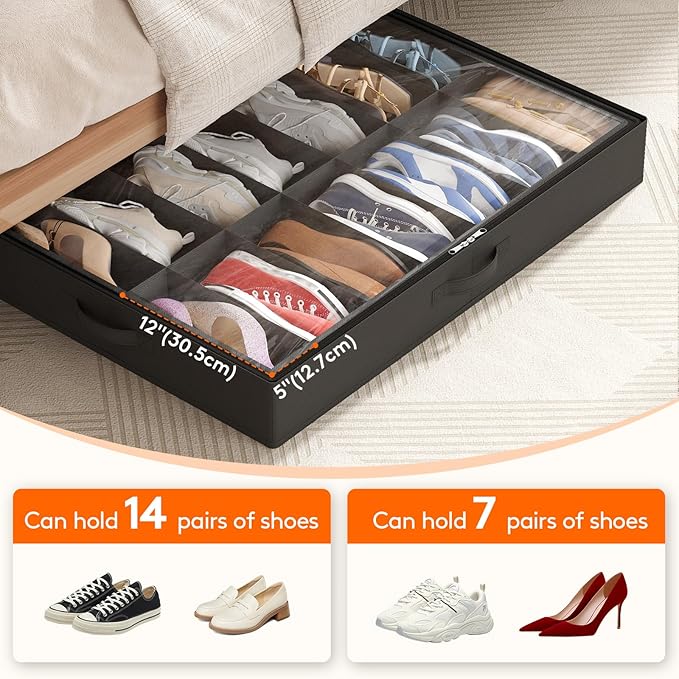 Lifewit Under Bed Shoe Storage Organizer 3 Pack(14 Shoes Cells), 4.3 Inches Profile Fabric Shoes Container Box with Clear Cover, Foldable Storage Bag with 2 Handles, Fits 21 to 42 Pairs