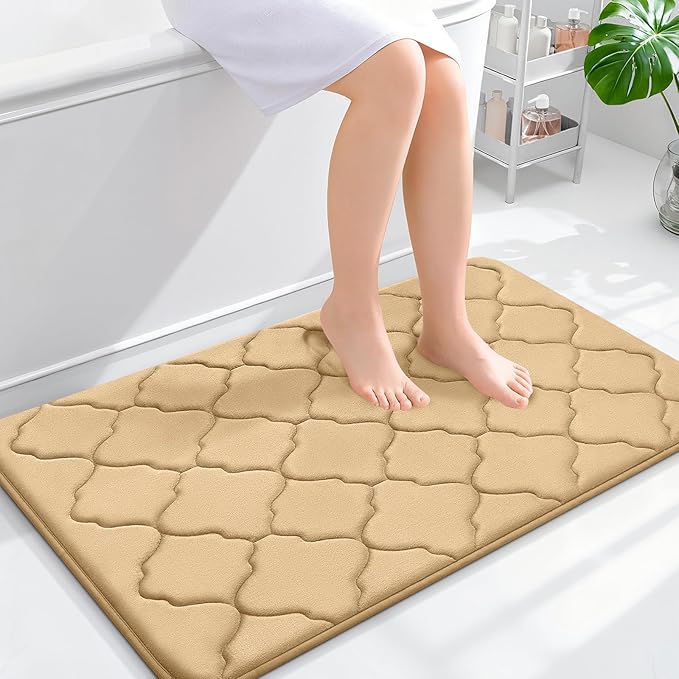 OLANLY Memory Foam Bath Mat Rug 36x24, Ultra Soft and Absorbent Bathroom Rugs, Non-Slip, Comfortable, Machine Washable Bath Carpet for Bathroom Floor, Tub, Shower and Home Decor Accessories, Beige