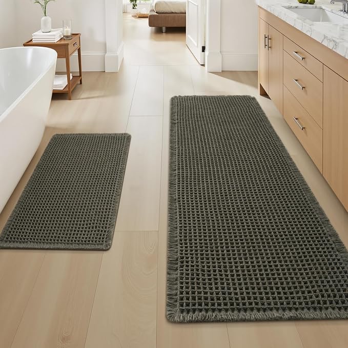 Upgraded Waffle Bath Mat Set of 2, Super Absorbent Non Slip Bath Mats for Bathroom Floor, Washable Boho Bathroom Rugs Set 2 Pieces with Tassels, Soft Bathroom Mat Set, Green, 18" x 30" Plus 24" x 48"