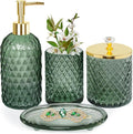 Haturi Bathroom Accessories Set, 4Pcs Sage Green Glass Bathroom Set Complete w/Bathroom Soap Dispenser Set, Toothbrush Holder, Qtip Holder, Soap Dish, Green Bathroom Decor, Gift for Home Apartment
