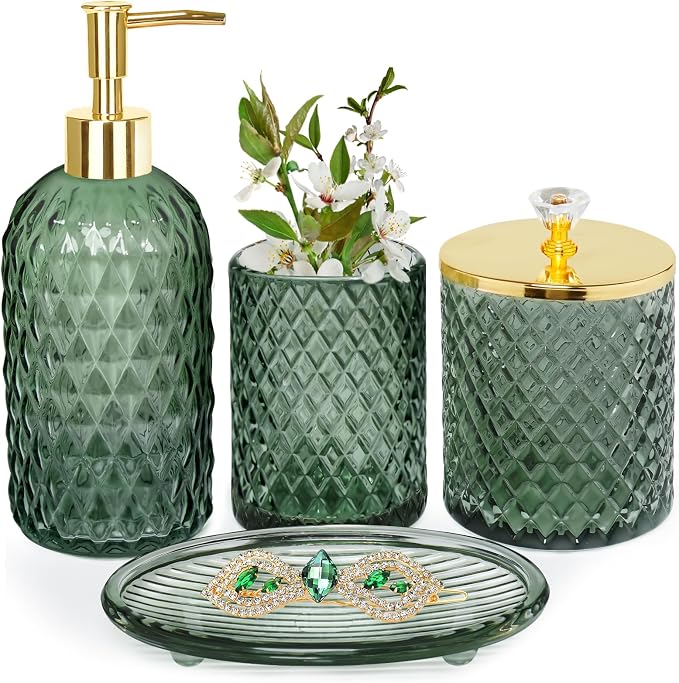 Haturi Bathroom Accessories Set, 4Pcs Sage Green Glass Bathroom Set Complete w/Bathroom Soap Dispenser Set, Toothbrush Holder, Qtip Holder, Soap Dish, Green Bathroom Decor, Gift for Home Apartment