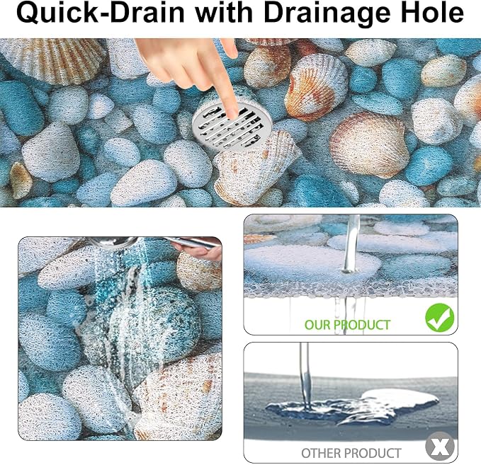 Square Shower Mat, Yonala 27 x 27 Inch Stylish Non Slip Shower Mats for Inside Shower with Central Drain Hole, Soft Trimmable PVC Loofah Anti Slip Shower Mat for Walk in Shower Stall, Quick Drying