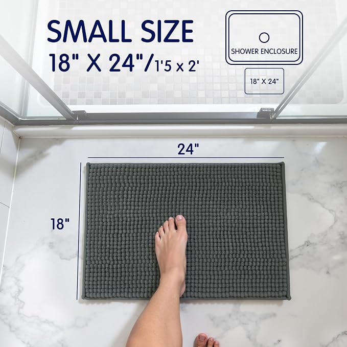SUBRTEX Bathroom Rugs Chenille Bath Rug Soft Short Plush Bath Mat Soft Shower Mat Water Absorbent Shower Mat Quick Dry Machine Washable(Gray,18" x 24")
