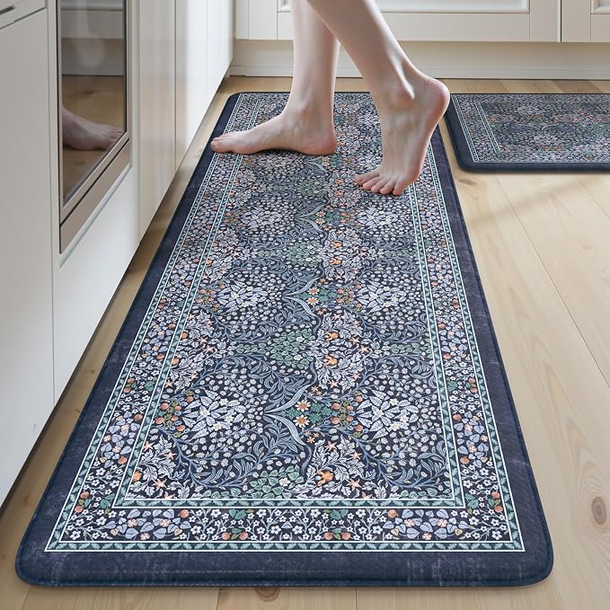 Collive Anti Fatigue Kitchen Mats, Cushioned Kitchen Rugs Set of 2 Waterproof Non Slip Desk Mat, Comfort Standing Rug Dark Blue Floral Carpet for Office, Sink, Laundry, 17.3"x29"+17.3"x47"