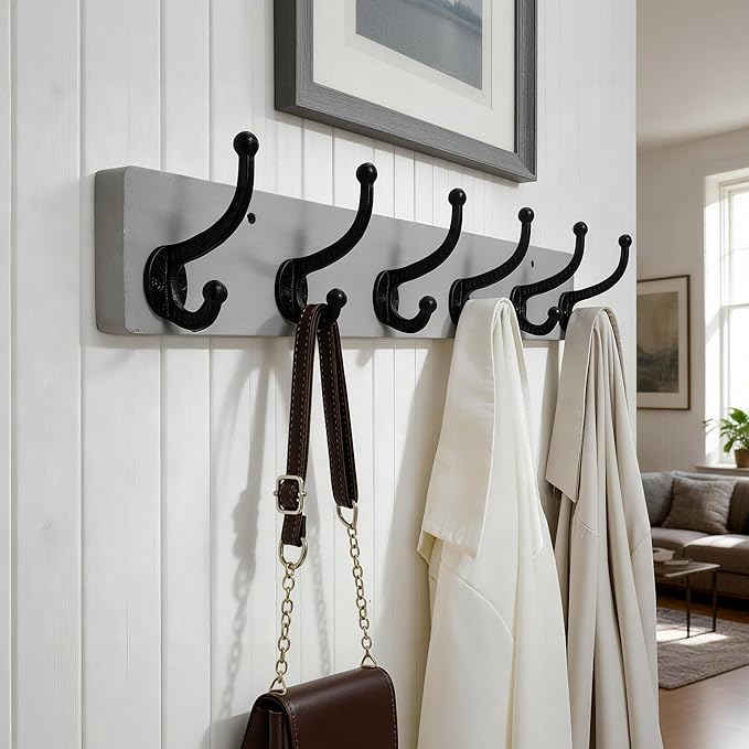 WEBI Rustic Coat Rack Wall Mount,24" Long 6 Cast Iron Coat Hooks Wall Mounted,Heavy Duty Wood Wall Coat Hanger Hooks for Hanging Coats,Jacket,Clothes,Backpack,Farmhouse,Gray