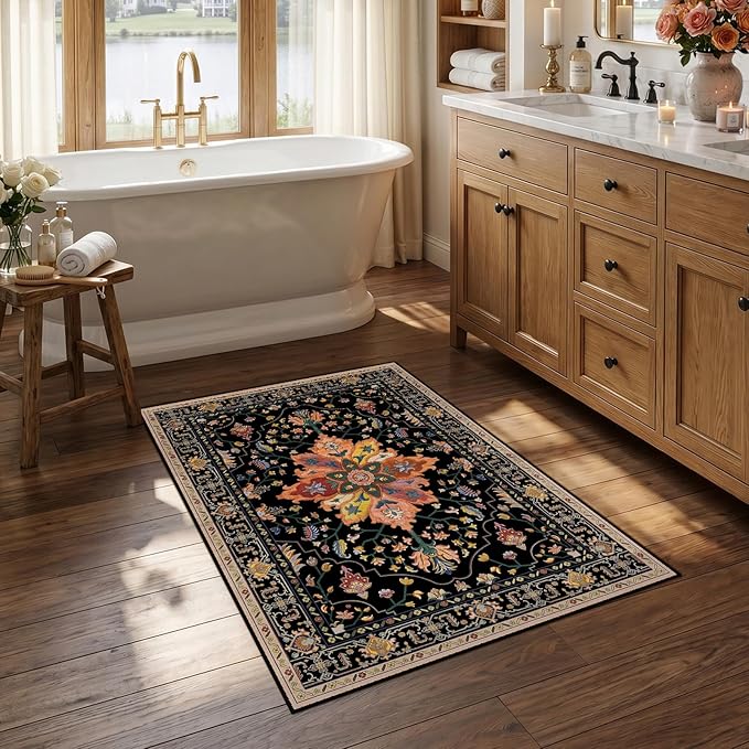 RELEANY Area Rugs Small 2'6"x4' Washable Non-Slip, Floral Vintage Distress Medallion Carpet for Kitchen Entryway Bathroom, Black Colorful Floral Dark Tan
