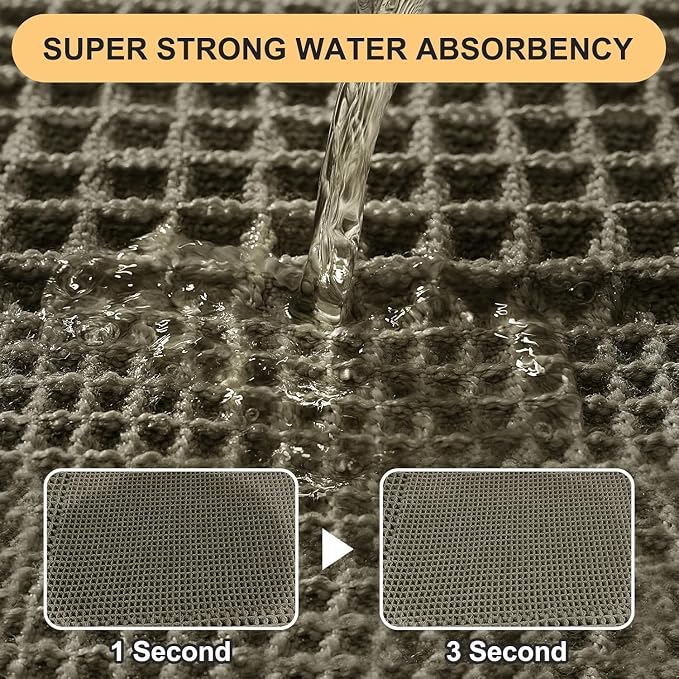 Upgrade Waffle Bath Mat Set 3 Piece, Greyish Green, Boho Bathroom Rugs Absorbent Non Slip, Ultra Soft Bathroom Mat, Machine Washable Knit Bath Rugs with Tassels for Bathroom, Kitchen, Shower, Tub