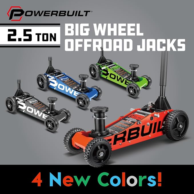 Powerbuilt 2.5 Ton Big Wheel Off Road Jack, Vehicle Lift for Trucks, SUVs, ATVs Offroad Vehicles, Oversized Wheels for Rugged Terrain, 5000 LB Capacity, Blue 620620ECE