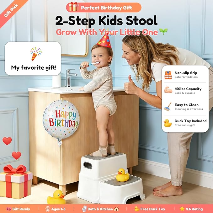 UNCLE WU Toddler Step Stool for Potty Training, Bathroom Sink & Toilet - 2 Step Kids Poop Stool, Non-Slip Step Stool with Handles, Dual Height Stepping Stool for Kitchen Counter (Include 2 Ducks)