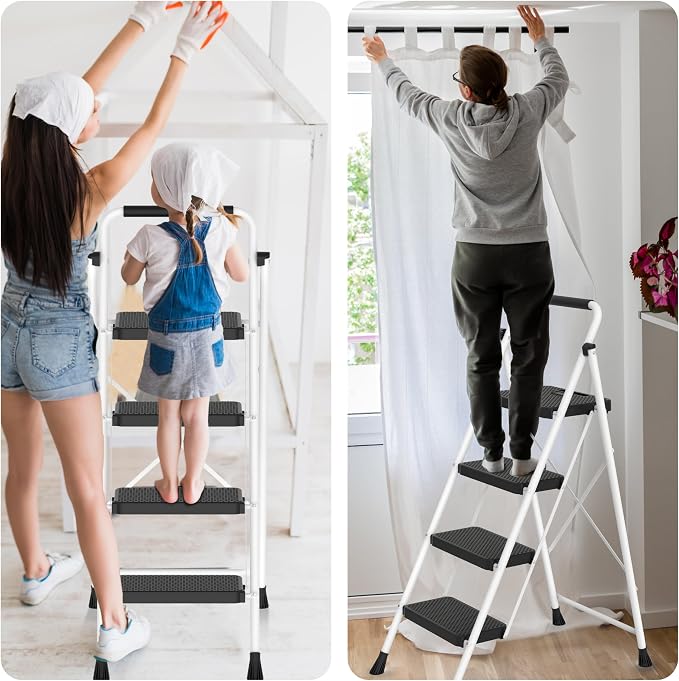Step Ladder, Portable Steel Folding Step Stool with Wide Anti-Slip Pedal & Convenient Handgrip, Sturdy Steel Ladder, 4-Step, White