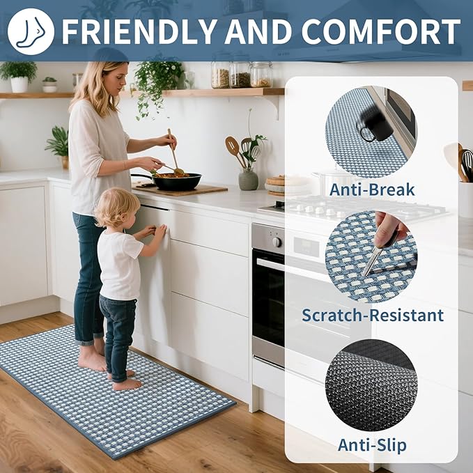 YDKGL Kitchen Runner Rugs Non Slip Washable, Super Absorbent Soft Chenille Braided Kitchen Mats for Floor Rubber Backing Sink Mat Standing Hallway Floor Mat, Easy Clean, Blue 17"x59"