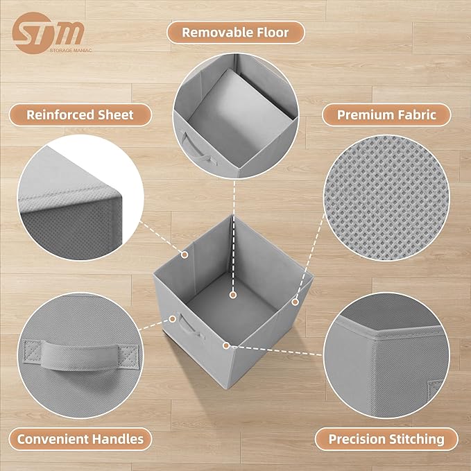 STORAGE MANIAC Storage Cubes, 13 Inch Collapsible Storage Bins with Handles, 4 Pack Fabric Foldable Bins for Organization, Durable Storage Bins for Closet, Shelves, Offices, 4-Pack Grey