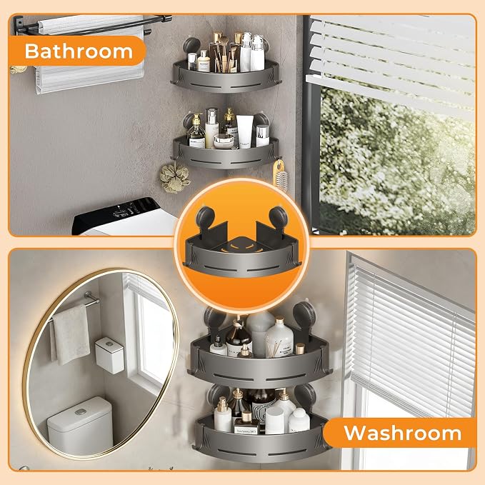 Corner Shower Caddy 2-Pack, Suction Cup Shower Organizer with Hooks, No Drilling Rustproof Aluminum Floating Wall Shelf, Gun Grey, Triangular (Triangular)