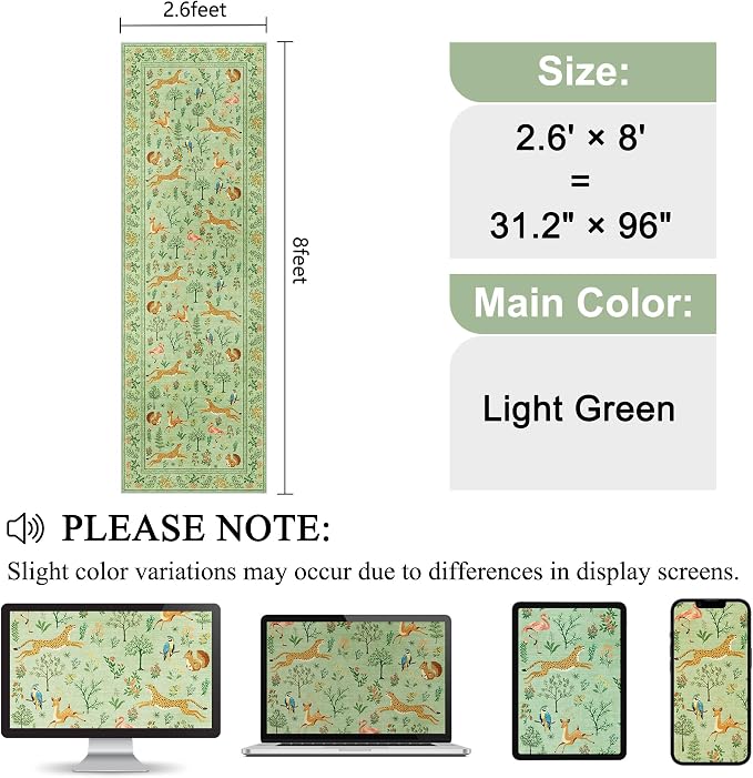 DUKINO 2.6x8 Rug for Hallway, Washable Kitchen Runner Rug with Non Slip Backing, Soft Low Pile Vintage Animal Runner for Bedroom, Kitchen, Hallway, Entryway, Laundry, Light Green