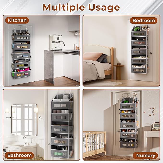 5 Tier Over The Door Organizer - Large Capacity Behind Door Hanging Shelves with 10 Mesh Pockets and Clear Windows, Closet Organizers and Storage for Bathroom, Bedroom, Nursery, Grey
