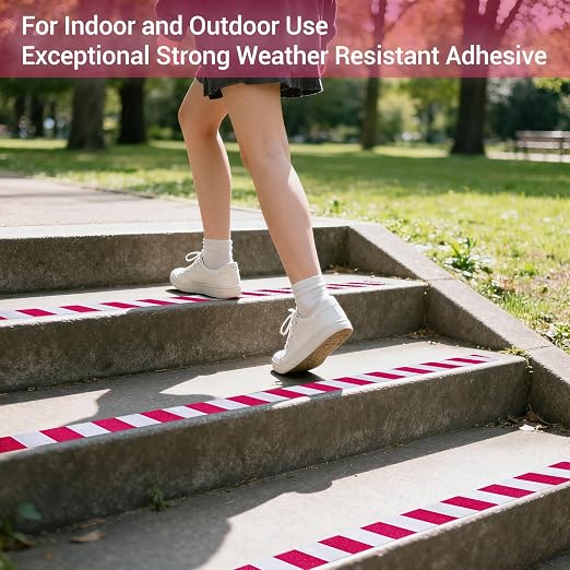 Anti Slip Tape, 2 Inch x 62 Ft Grip Tape for Stairs Outdoor/Indoor, Waterproof Non Skid Roll for Stair Treads Non Slip, High Traction Friction Abrasive Adhesive Stair Steps, Caution Red/White