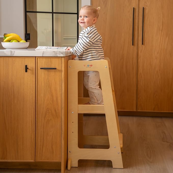 Stepup Baby Toddler Step Stool - Adjustable Height Kids Helper Step Stool, Durable, Non-Slip Platform for Bathroom Sink & Kitchen Counter, Toddler Tower for Exploration and Growth - Natural