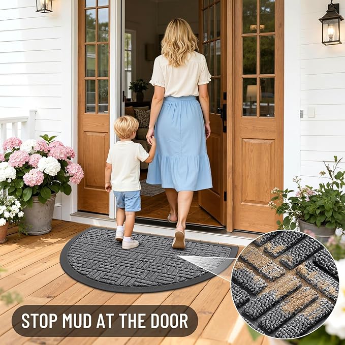 OLANLY Half Circle Door Mat Outside Entrance 29.5x17, Absorbent, Heavy Duty Sturdy Natural Rubber Doormat Indoor Outdoor, Fade Resistant, Non-Slip Backing Low Profile Floor Mat for Entryway, Grey