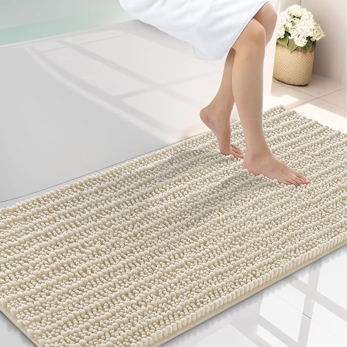 Smiry Bathroom Rugs Mat 47x24, Extra Soft Absorbent Chenille Bath Rugs, Non Slip Rubber Backing Machine Washable Quick Dry Bath Mats for Bathroom Floor, Tub, Shower, Home Decor Accessories, Sand