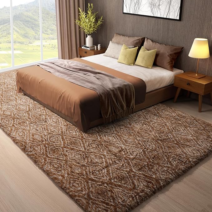 Ophanie 8x10 Brown and White Diamond Striped Rugs for Living Room,Large Fluffy Shag Fuzzy Plush Soft Carpets, Shaggy Rug for Bedroom, Carpet for Kids Boys Girls Dorm Nursery Home Decor Aesthetic