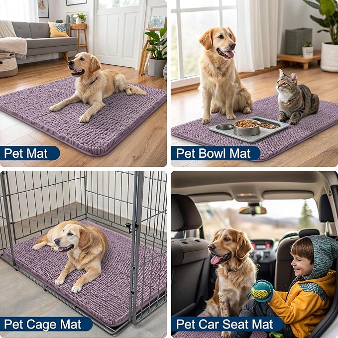 Smiry Dog Door Mat for Muddy Paws 36x24, Absorbent Dirt Trapper, Non-Slip Washable Chenille Entryway Rug for Inside Floor, Deep Plum, Classic Solid