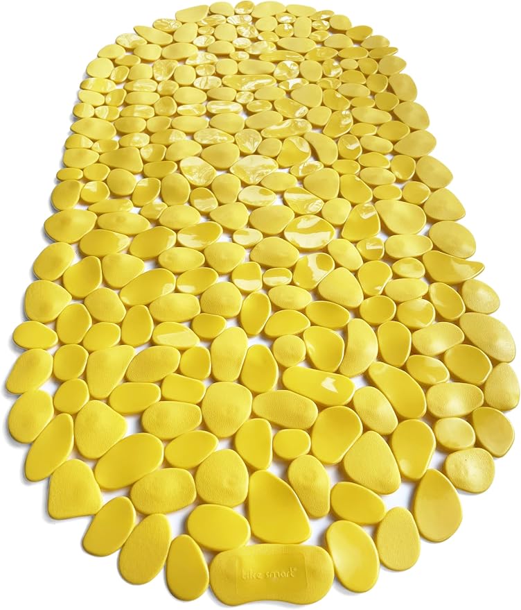 “Pebbles” Non-Slip Bathtub & Shower Mat 27”x14” Oval - Non-Toxic - Safe, Clean, Machine-Washable, Superior Grip & Drainage, Vinyl, for Smooth Floors ONLY, Opaque Yellow