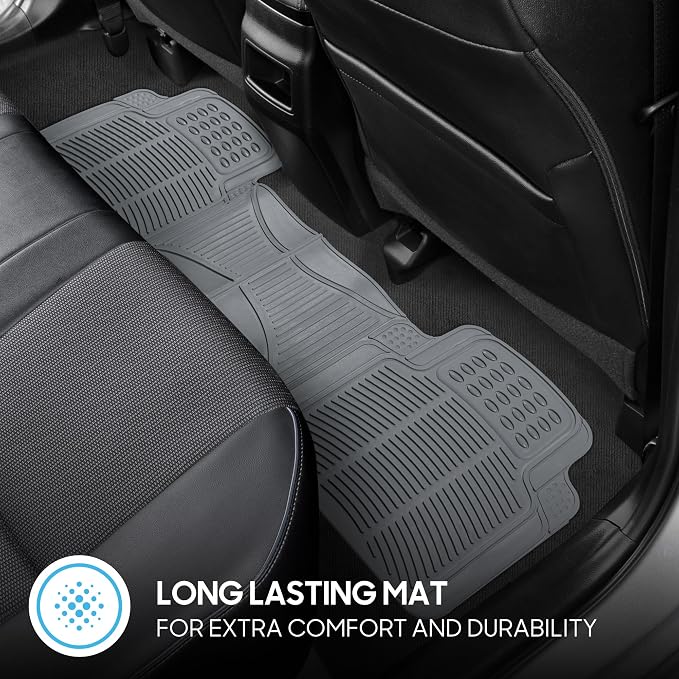 BDK ProLiner Car Floor Mats for Cars Trucks SUV, 3-Piece All-Weather Heavy Duty Rubber Liners with Universal Trimmable Fit, Durable Waterproof Vehicle Auto Floor Mats with Capture Ridges Gray