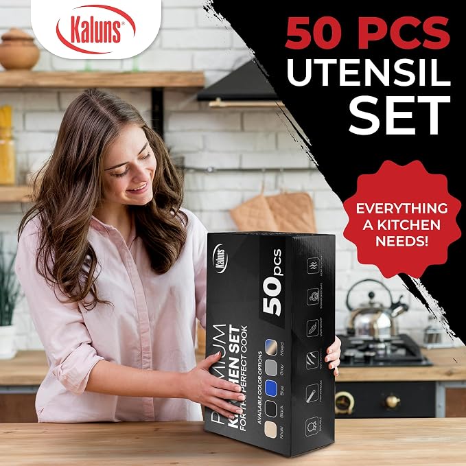 Kaluns 50 PCS Silicone Kitchen Utensils Set Complete Kitchen Set - 800°F Heat Resistant Non-Stick Premium Silicone Cooking Utensils W Wooden Handles - Can Opener, Masher, Turner, Silicone Spatula Set