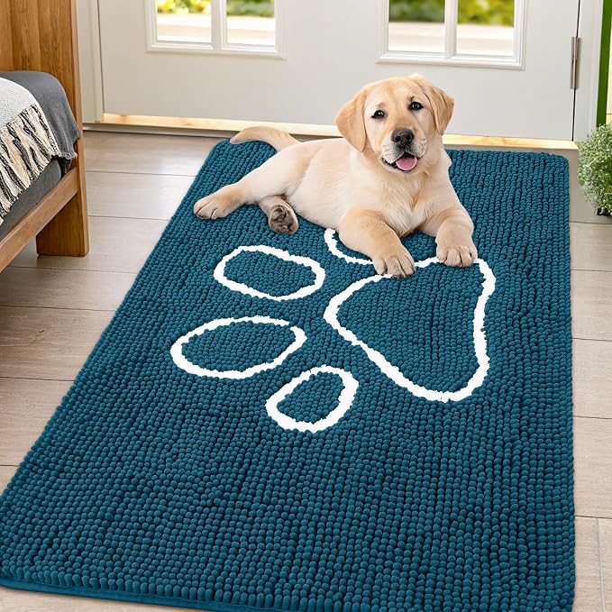 Smiry Dog Door Mat for Muddy Paws, Absorbent Dirt Trapper Non Slip Quick Dry Washable Chenille Mat for Mud Dogs, Entry Rug for Indoor and Outdoor (47x32 Inches, Atlantic Blue and White)