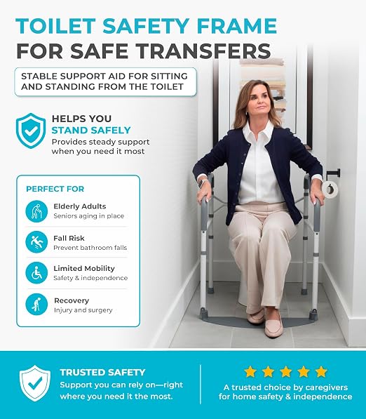 Stander Wonder Toilet Safety Rails for Seniors, Adjustable Detachable Toilet Frame with Padded Handles for Elderly Adults, Foldable Handicap Support Rail with Footrest, Fits Any Toilets