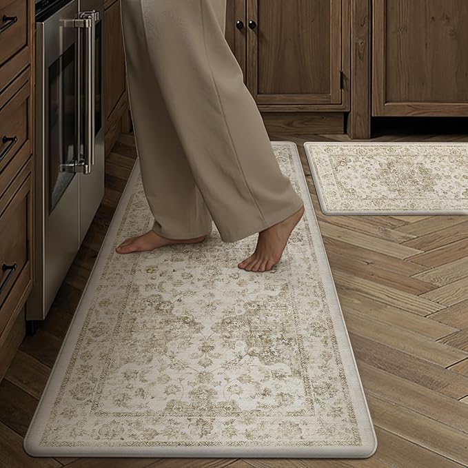 Anti Fatigue Kitchen Mats 2PCS Brown Neutral Mats for Cushioned Vintage Kitchen Matss for Floor Non-Slip Waterproof Comfort Standing Rug for Sink Laundry Office 17.3"×47"+17.3"×30"
