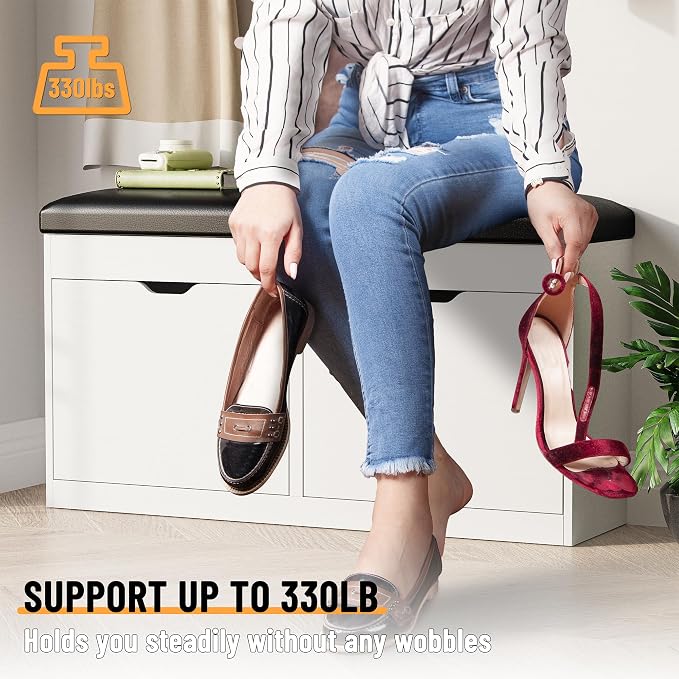 40" Shoe Storage Bench with 2 Flip Drawers & Padded Seat Cushion, Shoe Cabinet with Lift Top Storage Box, Shoe Bench Shoe Organizer for Entryway, Hallway, Living Room, White