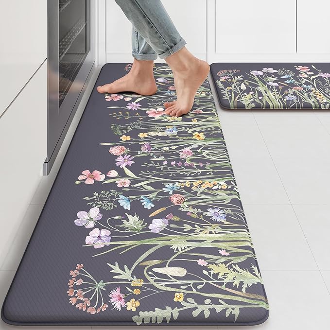 KIMODE Anti Fatigue Kitchen Mat, Farmhouse Floral Kitchen Rugs, Kitchen Floor Mats Non-Slip,Comfort Kitchen Mats for Floor Sink, Laundry, Office, Desk Dark Grey/Purple 17"x47"+17"x29"