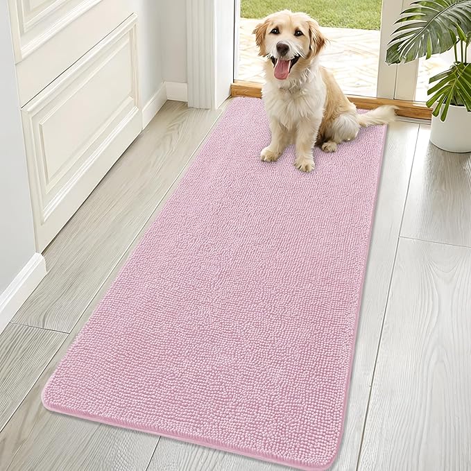 OLANLY Dog Door Mat for Muddy Paws 70x32, Absorbs Moisture and Dirt, Absorbent Non-Slip Washable Doormat, Quick Dry Chenille Mud Mat for Dogs, Entry Indoor Entryway Carpet for Inside Floor, Dusty Rose