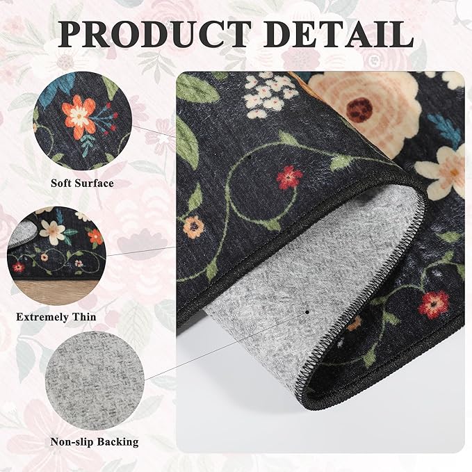DUKINO Runner Rug, 2.6x8 Kitchen Rugs for Hallway with Non Slip Backing, Washable Low Pile Soft Boho Floral Runner Carpet for Hallway, Kitchen, Entryway, Laundry, Bedroom, Black