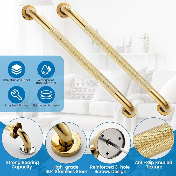 Grab Bars for Shower, Zynuhmo 2 Pack 24 Inch Anti Slip Safety Grab Bar 1.25" Diameter Stainless Steel Shower Handrails for Handicap Injury Pregnant Senior Assist Bath Shower Handles(Titanium Gold)