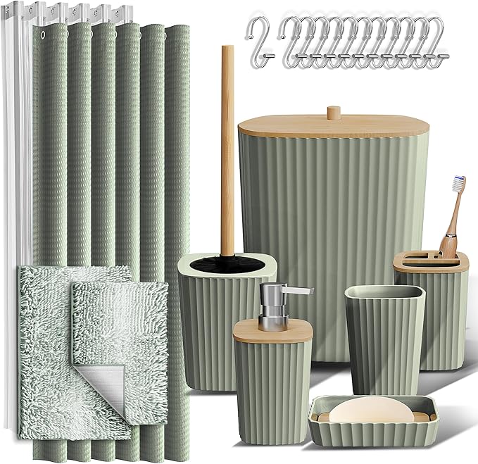 Clara Clark Bathroom Accessories Set - Bathroom Set, Bathroom Sets with Shower Curtain and Rugs, Shower Curtain Set with Trah Can - Ombre Sage Green - 22PC