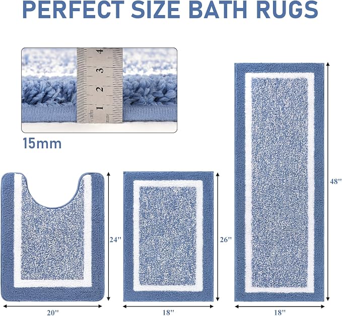 Pauwer 3 Pieces Bathroom Rugs Sets, Ultra Soft Non-Slip Mats, Microfiber Absorbent Bath Rugs with U-Shaped Toilet Rug for Bath Floor, Tub, Shower, Blue