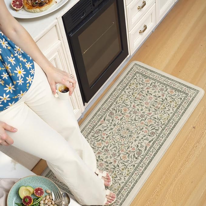 KIMODE Anti Fatigue Kitchen Mats for Floor, Boho Farmhouse Kitchen Rugs 20"x39", Non Slip Kitchen Mats for Floor, Padded Kitchen Floor Mats, Beige Rugs for Kitchen Floor Sink Laundry Office