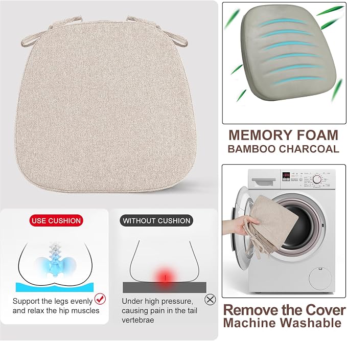 SINOSSO 1 Pack Memory Foam Chair Cushions for Dining Chair, Friendly Woven Fabric 16" U-Shape Comfortable Kitchen Chair Pad, Removable Slip Resistant Seat Cushion (1 Piece, Oatmeal Beige)