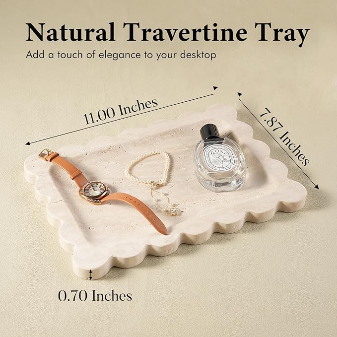 Koville Scalloped Marble Tray, 11"x8" Natural Marble Vanity Tray for Countertop Bathroom Kitchen Dresser, Natural Stone Tray for Jewelry Perfume Home Decor, Decorative Catchall Trays