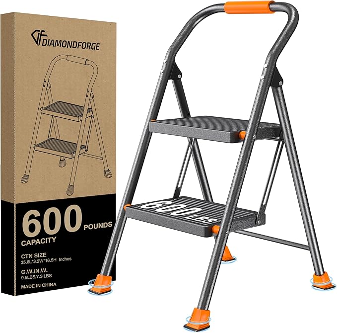 Step Ladder Foldable Folding Stool - for Home Adults Kitchen 2 Stepping Extension Tall Heavy Duty with Handrails - Closet Stepstool Stair Ladders Extendable Stepladder for Indoor House 600Lbs