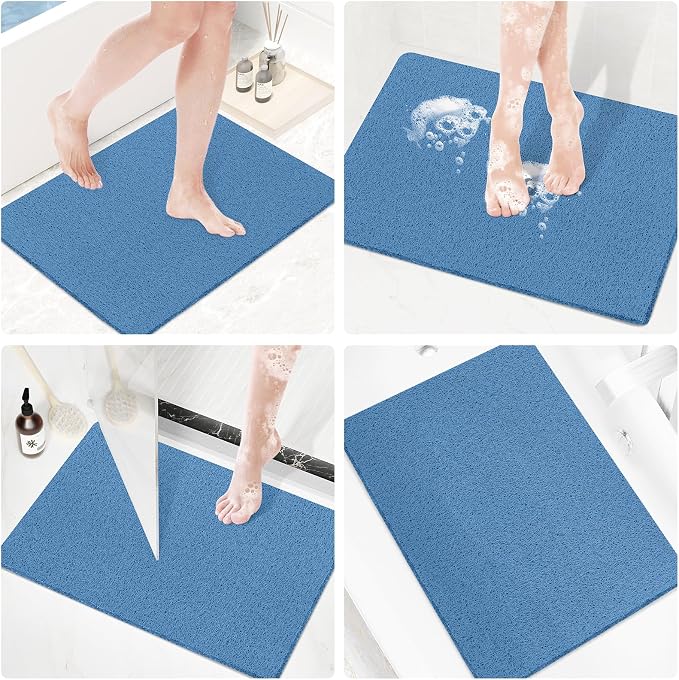 Shower Mat Bathtub Mat Non-Slip,47x16 inch, Soft Tub Mat with Drain,PVC Loofah Bath Mat (Phthalate Free) for Tub and Bathroom,Lake Blue