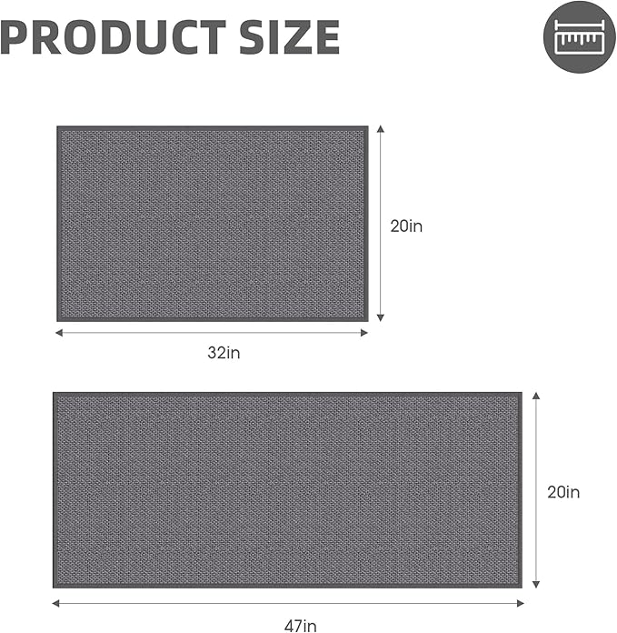 Kitchen Mats for Floor 2 Piece - Kitchen Rugs Non Slip Washable 20"x32"+20"x47", Grey