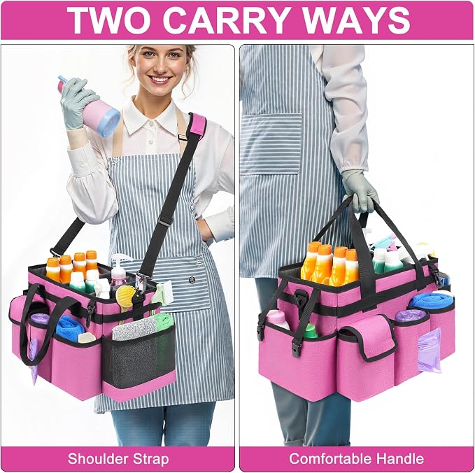 Cleaning Caddy,Cleaning Bag for Housekeepers,Cleaning Supplies Organizer with Handle,Rose Red