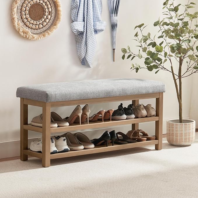 Zihanhome Shoe Rack Bench with Cushion, 2 Tier Solid Wood Storage Bench, Mid-Century Modern Shoe Bench for Entryway, Hallway, Closet, Front Door Entrance, Foyer (Grey, 46.5")