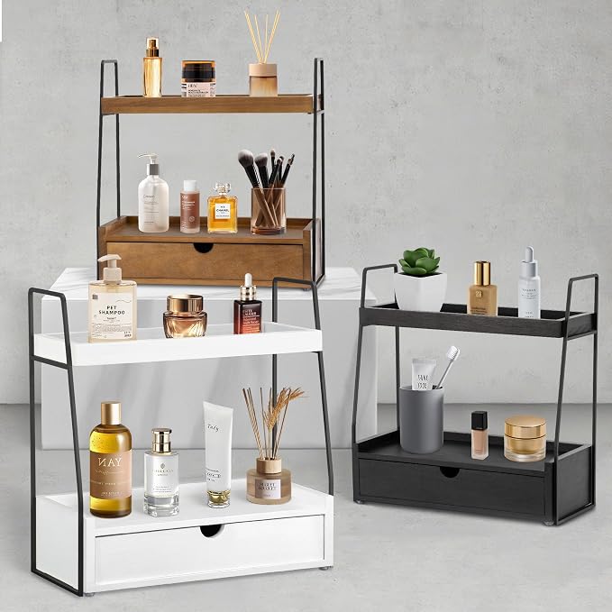 2-Tier Bathroom Organizer Countertop with Drawer, Wood Counter Organizer for Bathroom Decor, Sink Shelf for Vanity Storage, Makeup Tray for Perfume Skincare, Spice Rack Bedroom Kitchen Corner ﻿